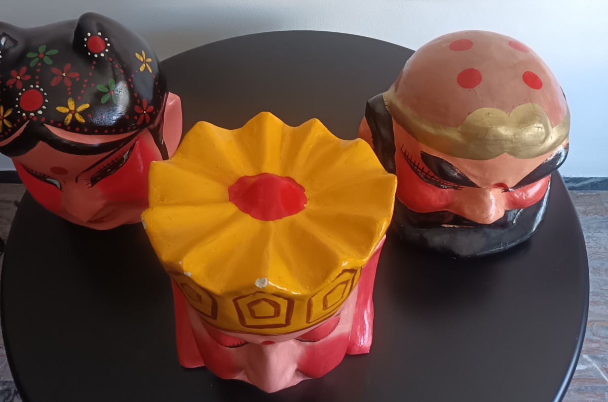 Triptyque de masques chinois 1920 papier mâché-photo-3