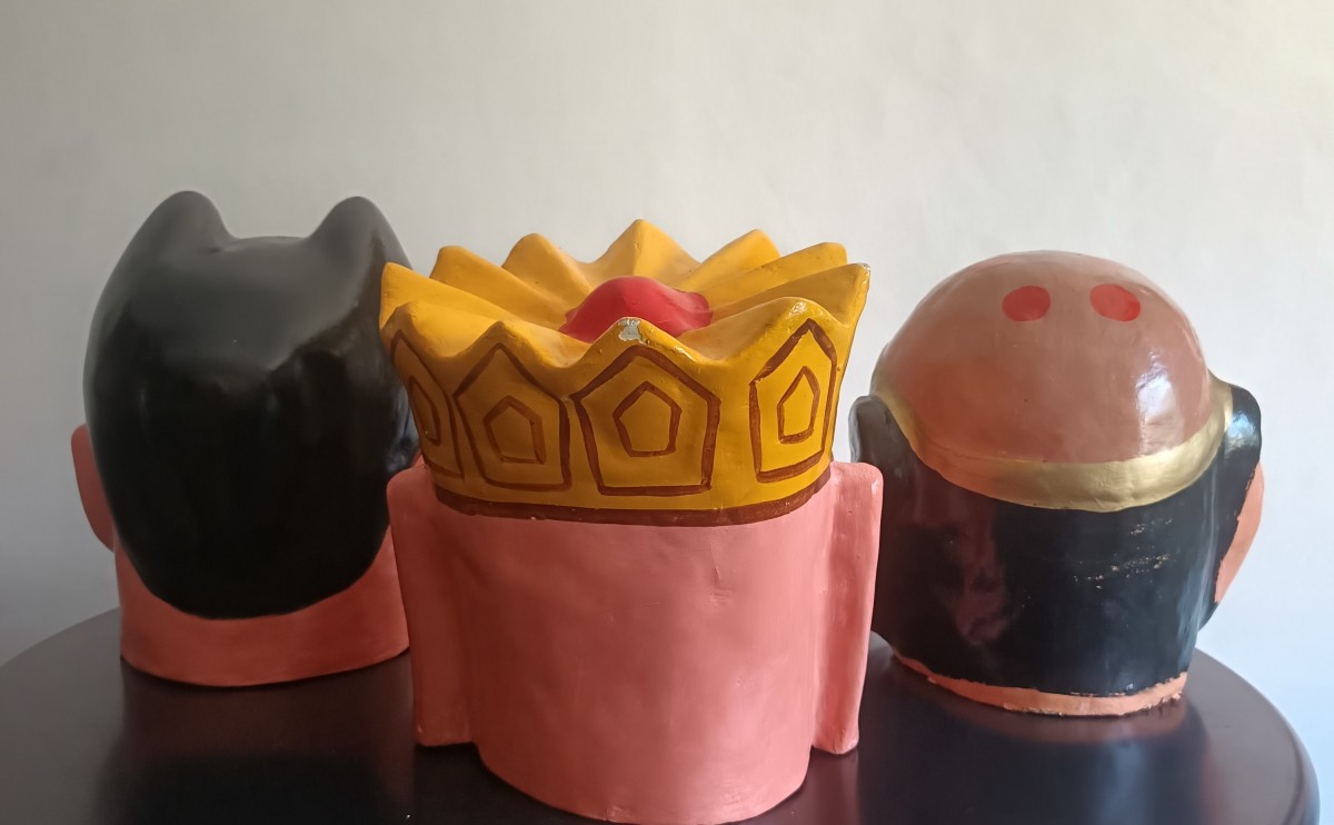 Triptyque de masques chinois 1920 papier mâché-photo-4