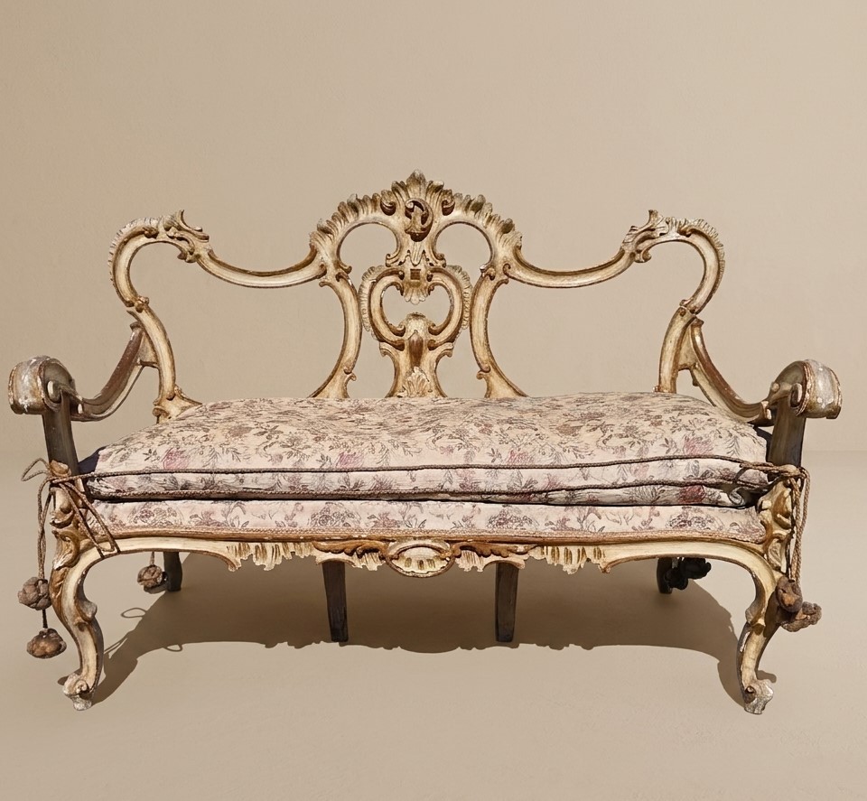 18th-century Venetian Bench, Lacquered Carved Wood