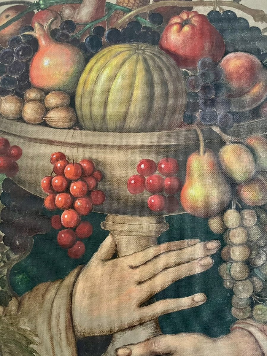 Oil On Wood Panel: Large Bowl Of Fruit With Hands 1951-photo-2