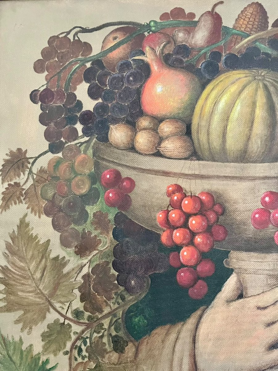 Oil On Wood Panel: Large Bowl Of Fruit With Hands 1951-photo-3