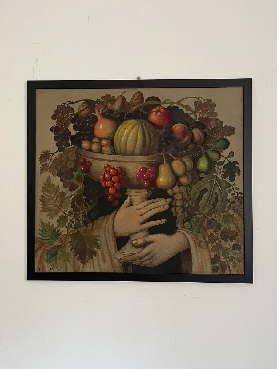 Oil On Wood Panel: Large Bowl Of Fruit With Hands 1951-photo-4