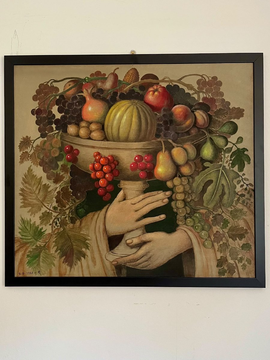 Oil On Wood Panel: Large Bowl Of Fruit With Hands 1951