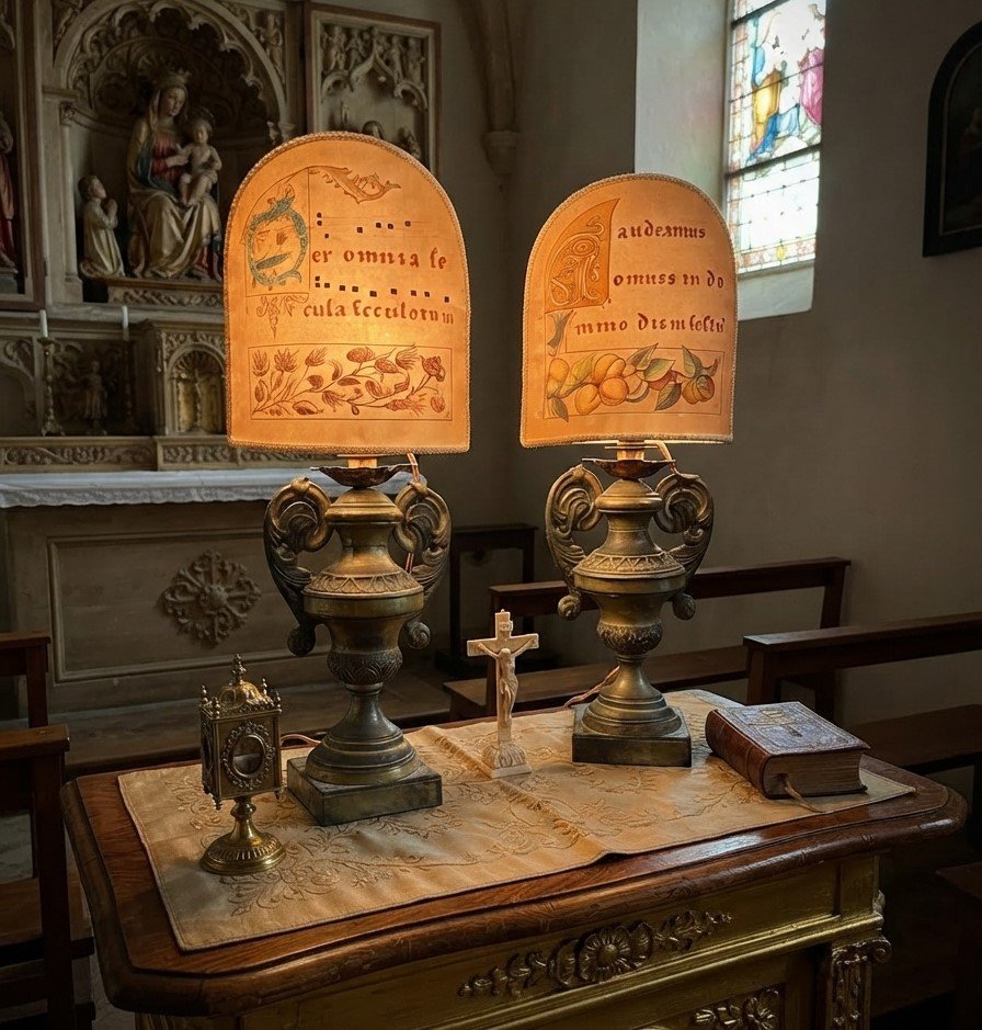 Pair Of 18th-century Palm-shaped Candlesticks With Parchment-covered Shades-photo-1