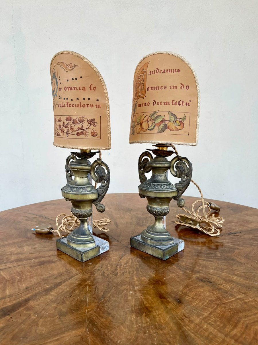 Pair Of 18th-century Palm-shaped Candlesticks With Parchment-covered Shades