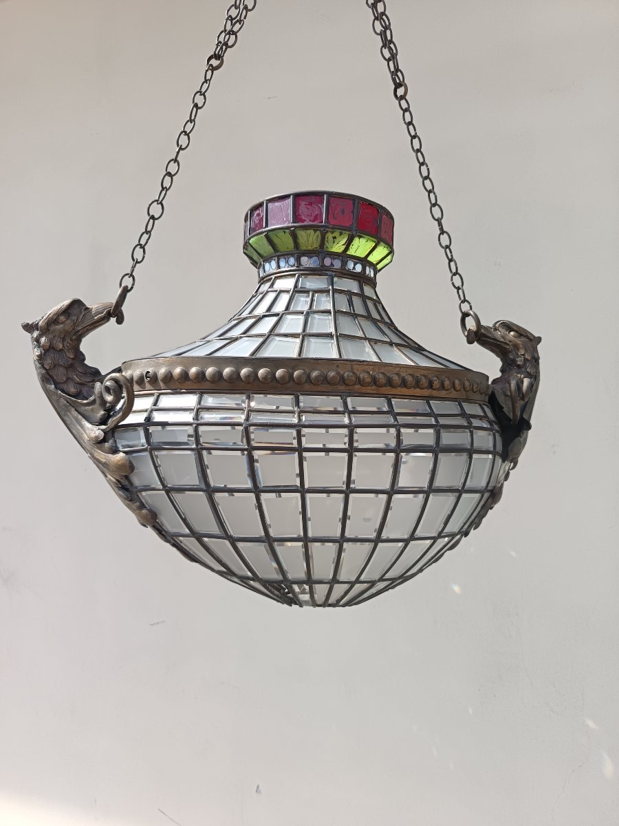 Oval Lantern From The Late 1800s With Tiffany-style Glass Panes-photo-2