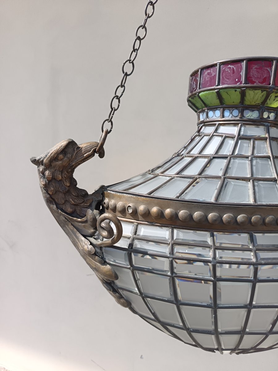 Oval Lantern From The Late 1800s With Tiffany-style Glass Panes-photo-3