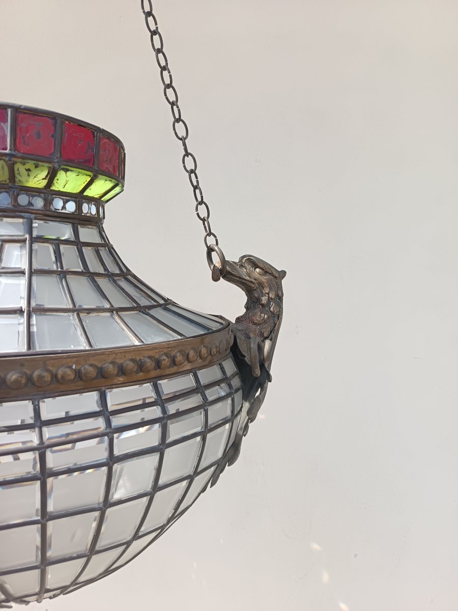 Oval Lantern From The Late 1800s With Tiffany-style Glass Panes-photo-4