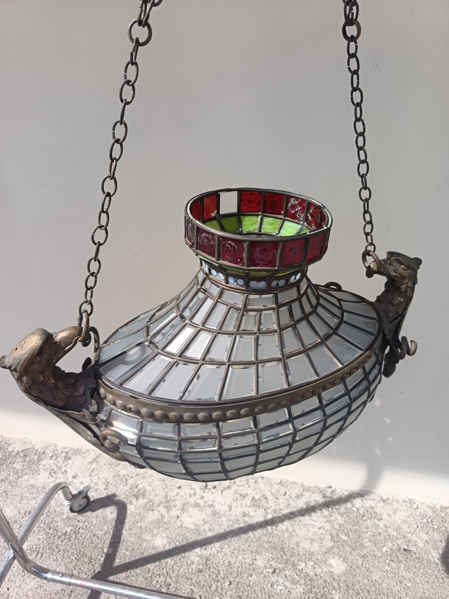 Oval Lantern From The Late 1800s With Tiffany-style Glass Panes-photo-1