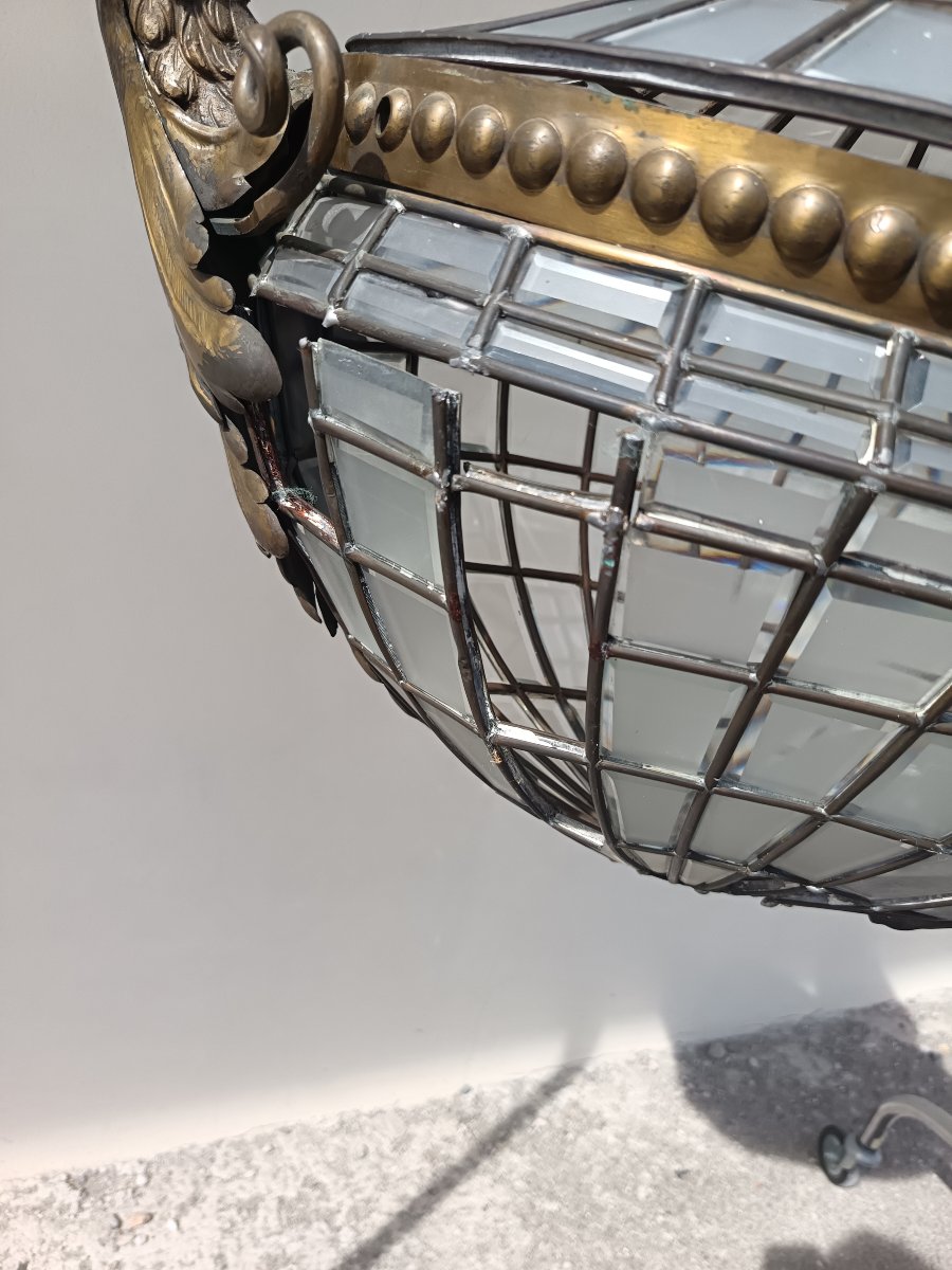 Oval Lantern From The Late 1800s With Tiffany-style Glass Panes-photo-3