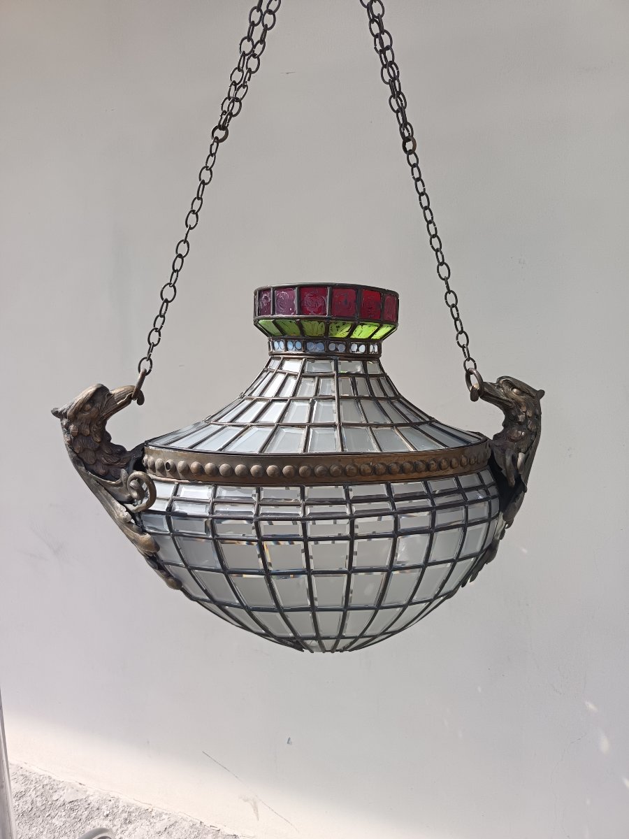 Oval Lantern From The Late 1800s With Tiffany-style Glass Panes