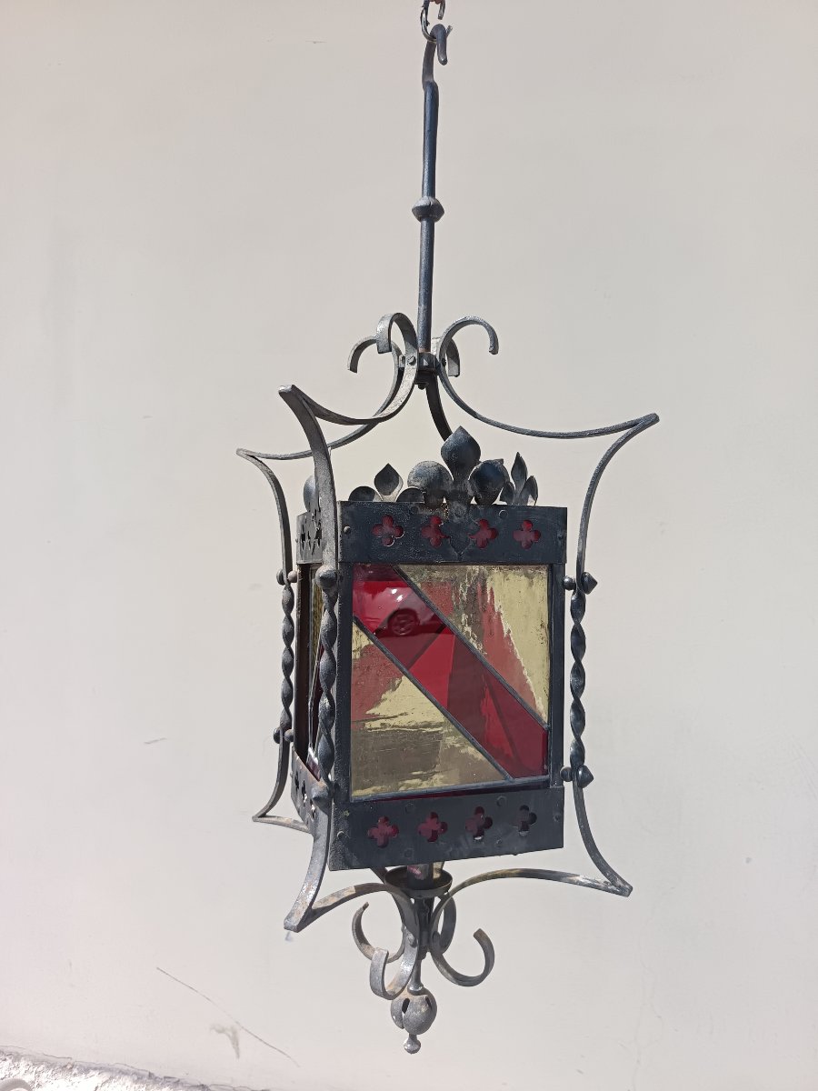Lanterne milanaise en fer début XXe siècle avec verres colorés-photo-2