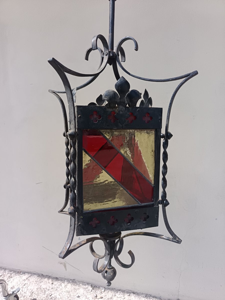 Lanterne milanaise en fer début XXe siècle avec verres colorés-photo-3