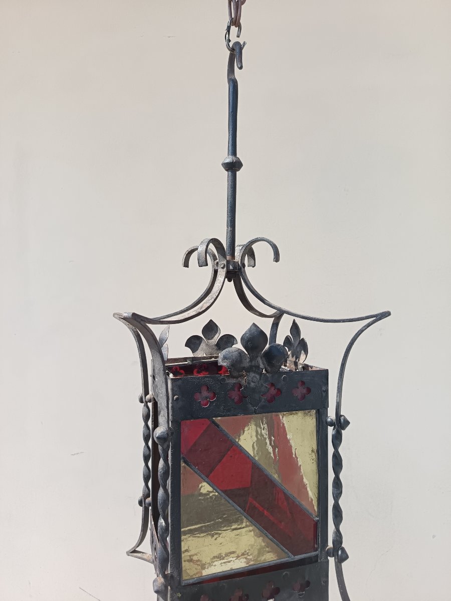Lanterne milanaise en fer début XXe siècle avec verres colorés-photo-4