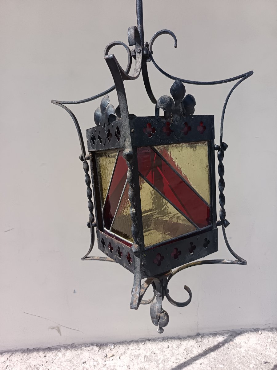 Lanterne milanaise en fer début XXe siècle avec verres colorés-photo-1