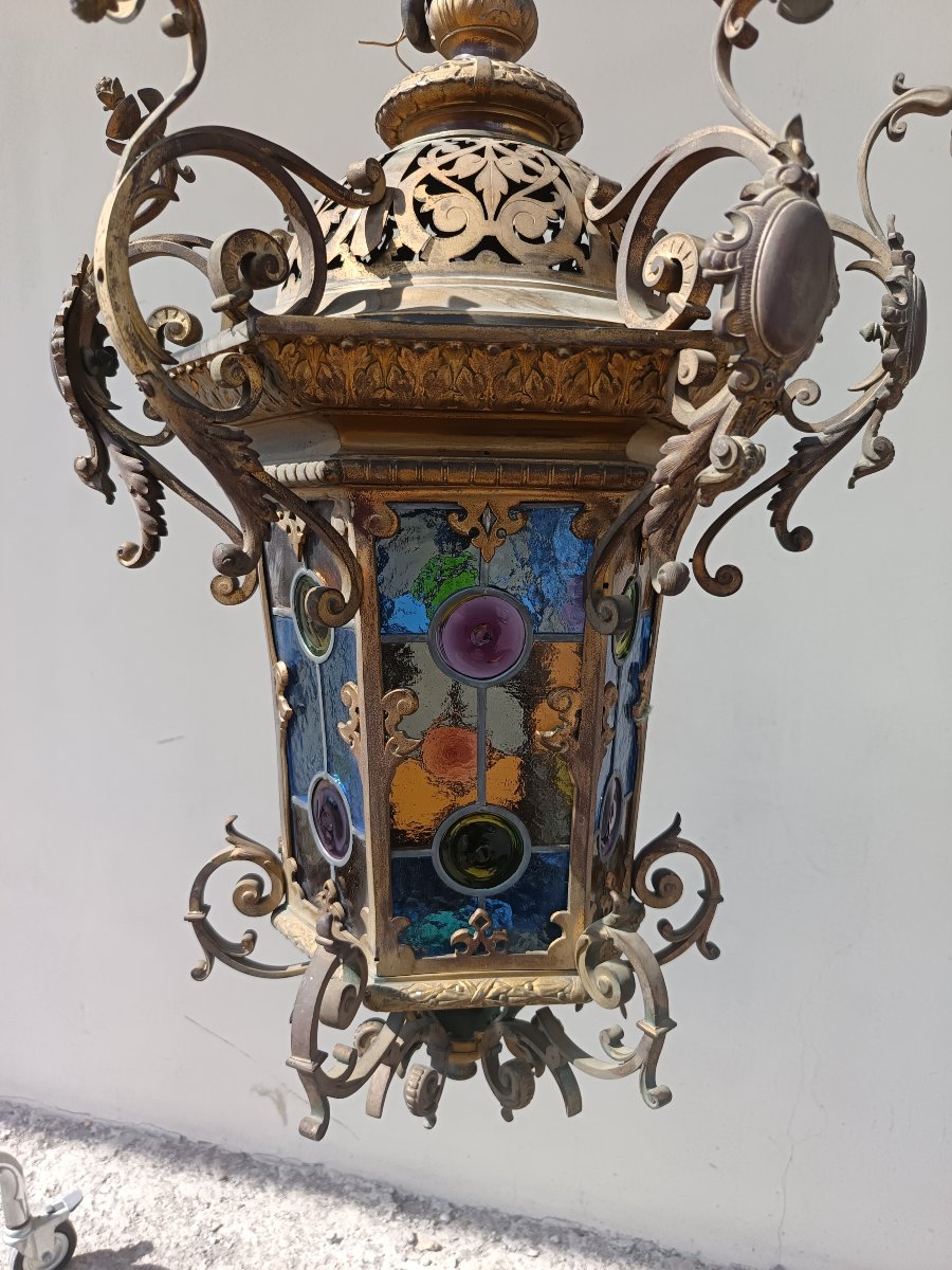 Lanterne en bronze XIXe siècle Rome avec verres colorés-photo-2