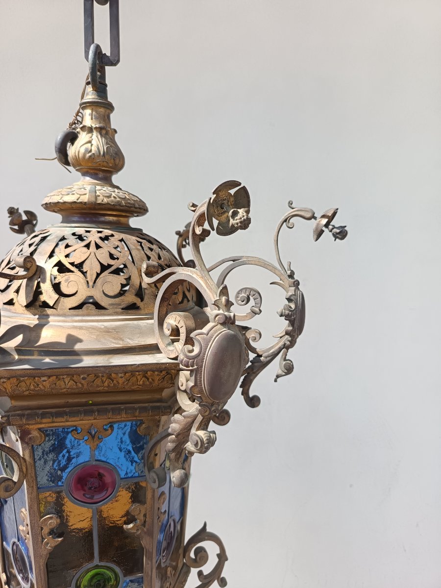 Lanterne en bronze XIXe siècle Rome avec verres colorés-photo-3