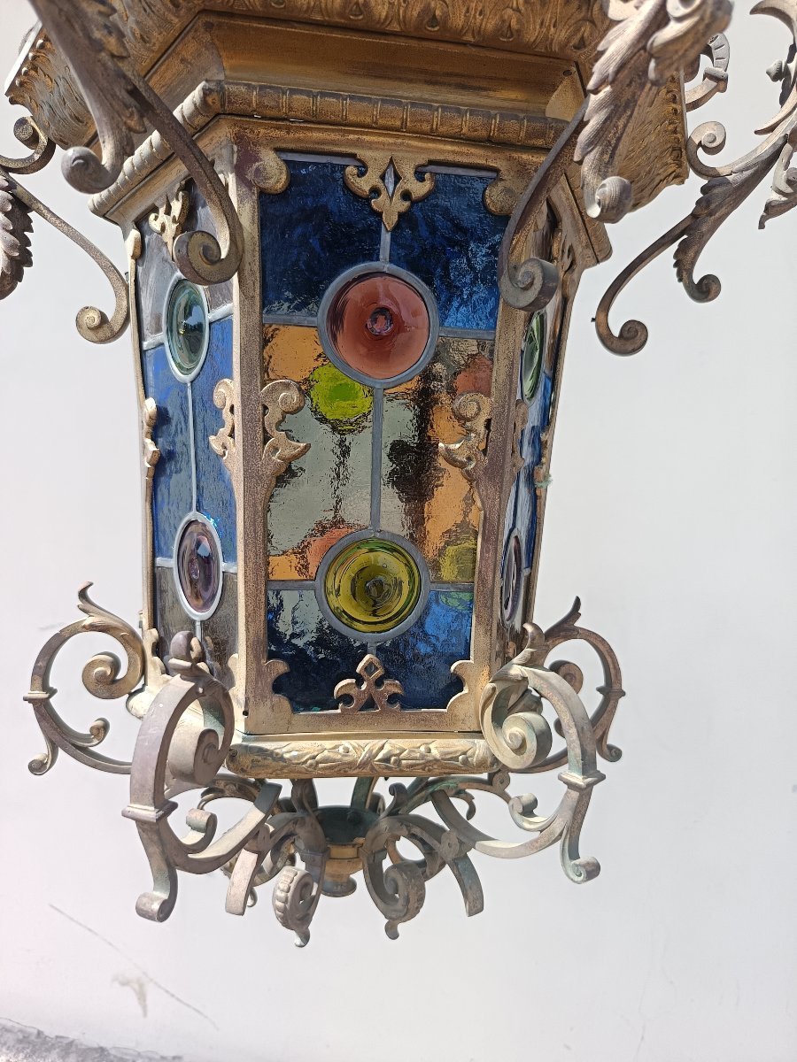 Lanterne en bronze XIXe siècle Rome avec verres colorés-photo-4