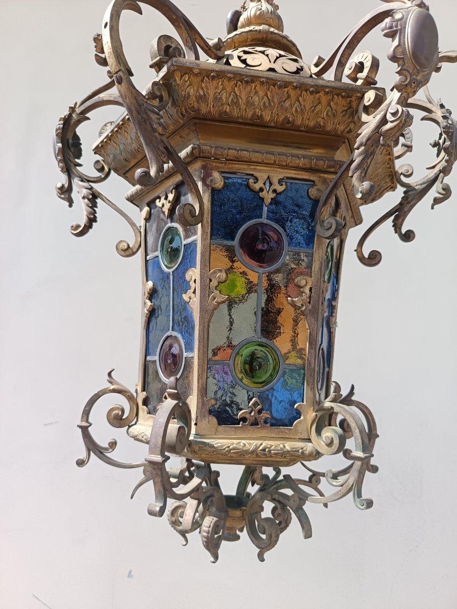 Lanterne en bronze XIXe siècle Rome avec verres colorés-photo-1