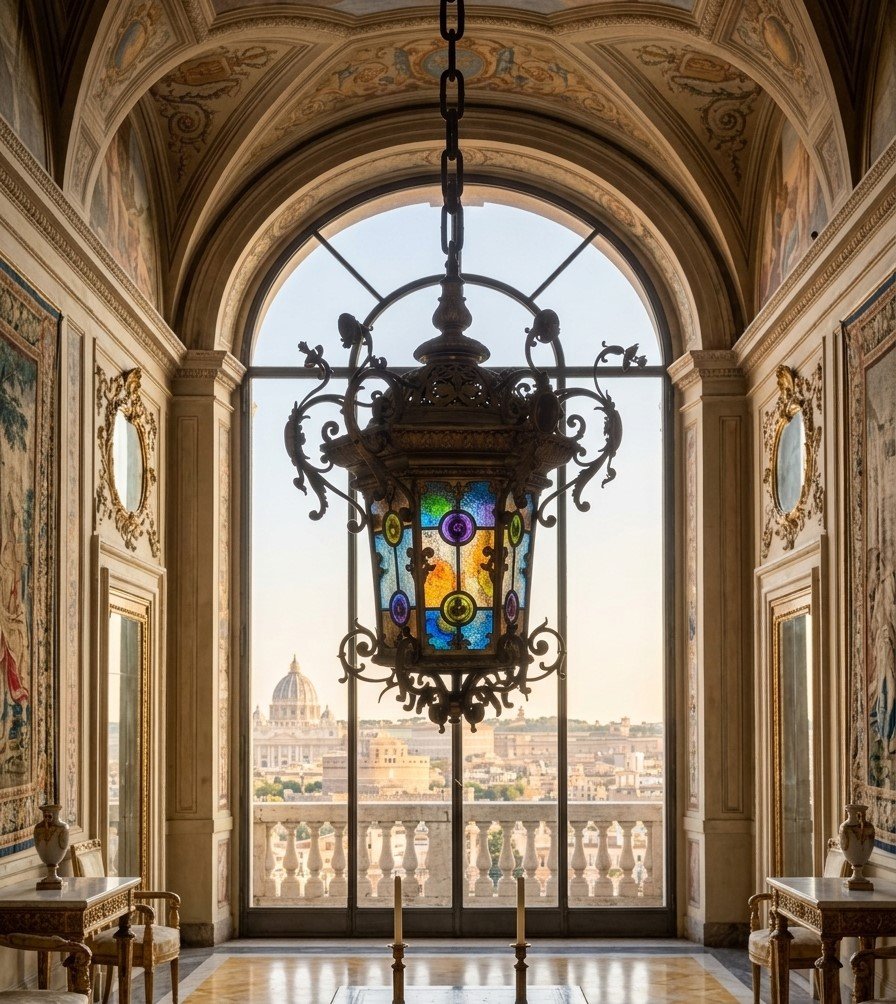 Lanterne en bronze XIXe siècle Rome avec verres colorés-photo-4