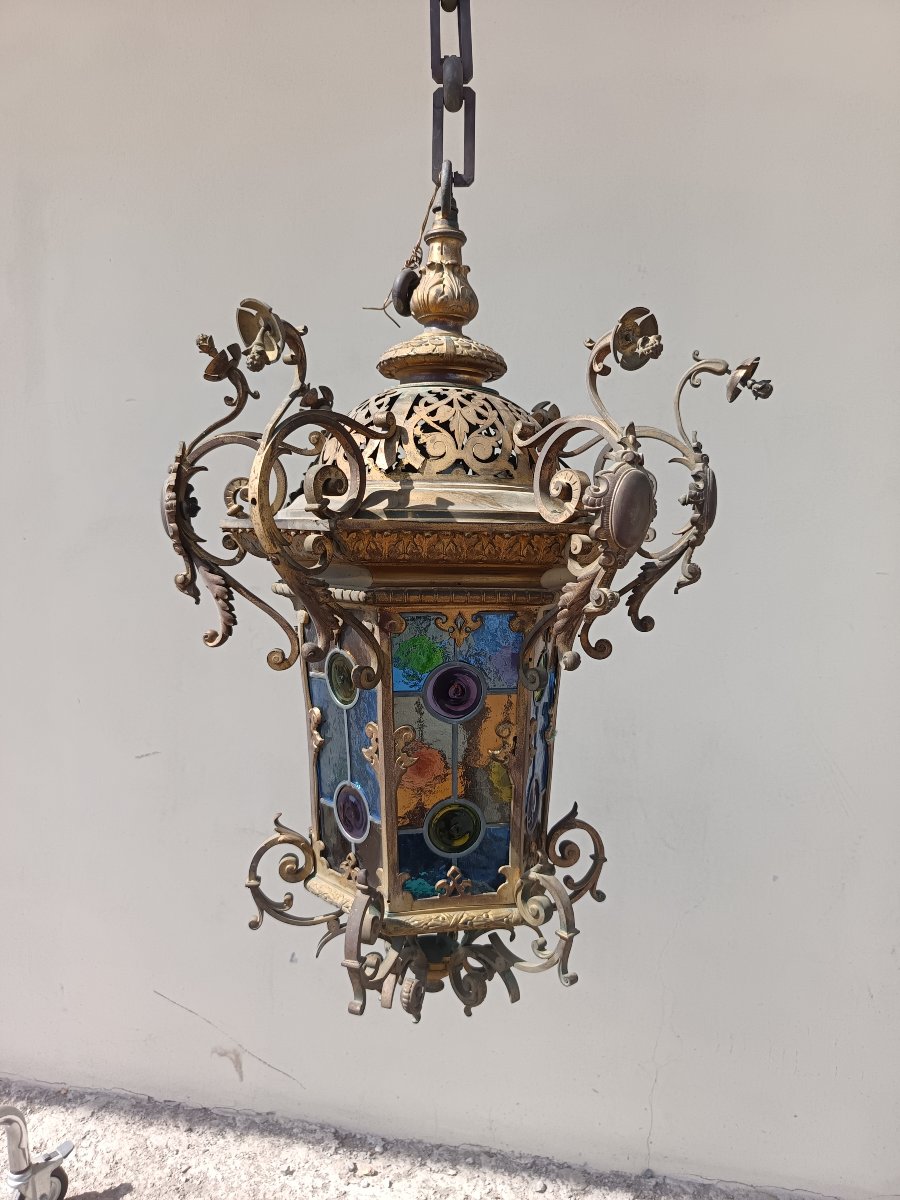 Lanterne en bronze XIXe siècle Rome avec verres colorés