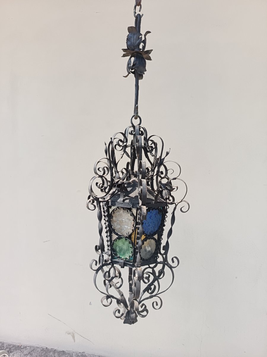 "santa Caterina" Venetian 800-series Sheet Metal Lantern With Stained Glass-photo-2
