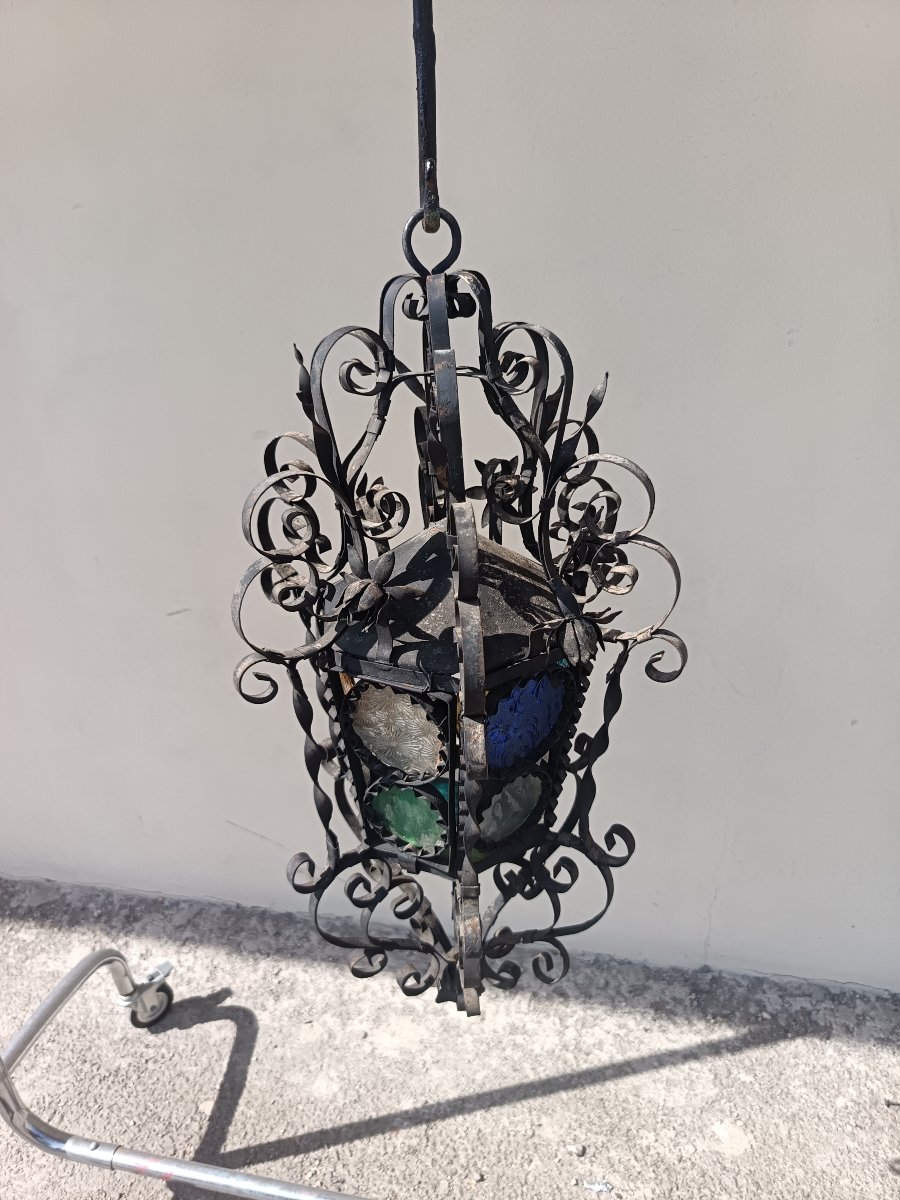"santa Caterina" Venetian 800-series Sheet Metal Lantern With Stained Glass-photo-3
