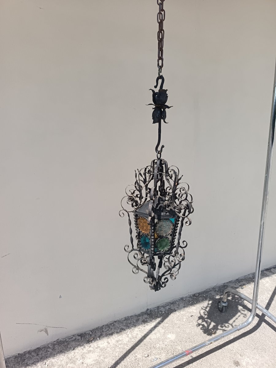 "santa Caterina" Venetian 800-series Sheet Metal Lantern With Stained Glass-photo-1