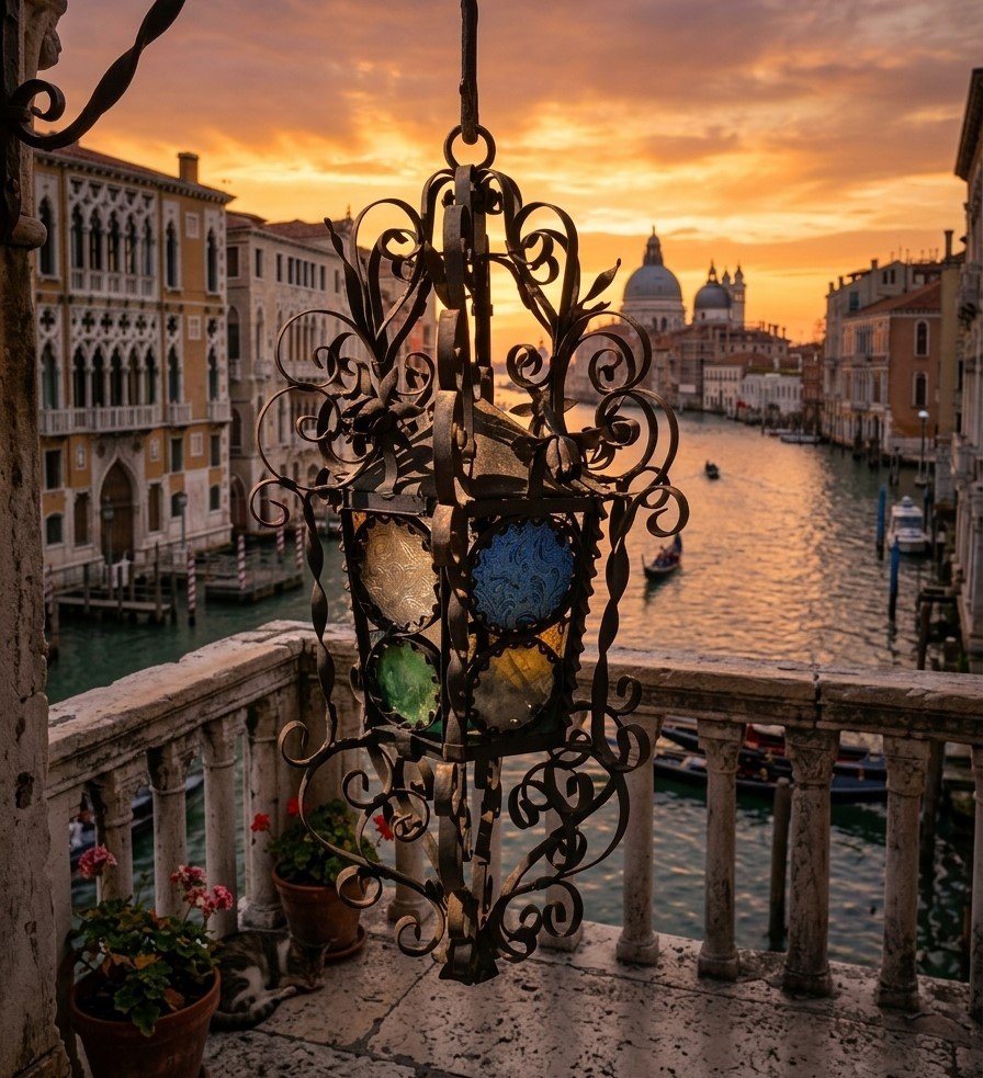 "santa Caterina" Venetian 800-series Sheet Metal Lantern With Stained Glass-photo-2