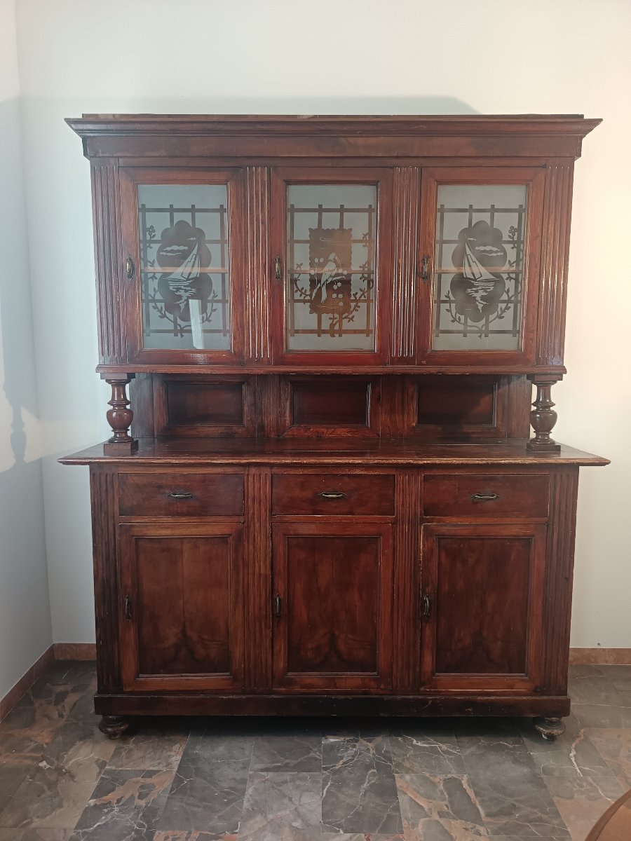 Ancienne garde-manger XIXe siècle en sapin avec verres satinés Émilie-Romagne Rimini