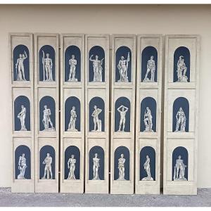 7 Panneaux muraux boiserie laqués 1940 disciplines sportives