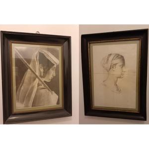 Pair Of 19th-century French Charcoal Drawings Of Women