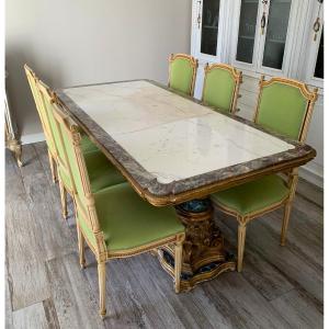 Late 19th-century Table With Marble Top And Gilded Capitals And Six Chairs