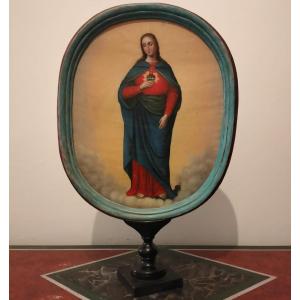 19th-century Processional Banner Oil On Canvas Mary And Jesus