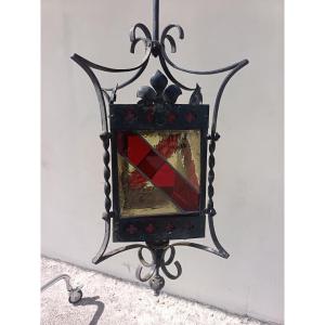 Early 20th-century Milanese Iron Lantern With Stained Glass