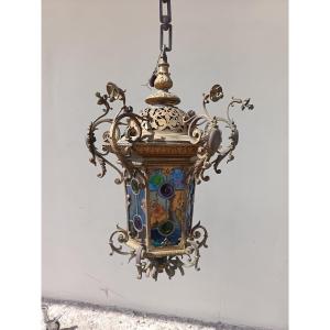 800 Rome Bronze Lantern With Stained Glass