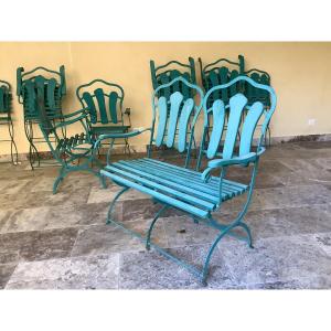 Banquette de jardin  pliable en fer forgé et bois 