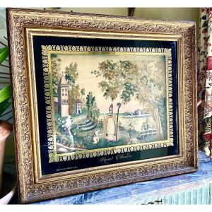 Broderie sous verre eglomisė au point de chenille représentant Saint Claude