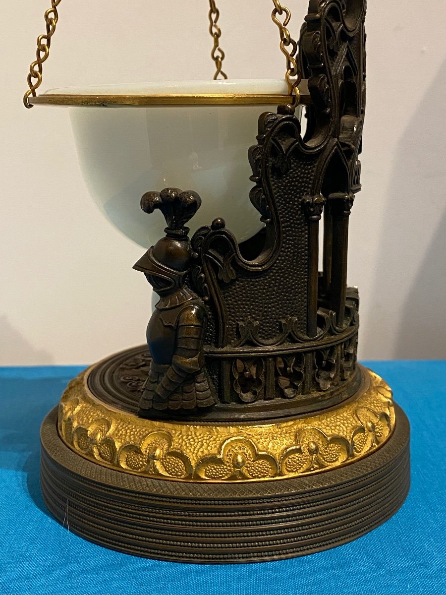 Rare Veilleuse En Bronze Décor Cathédrale Et Opaline Savonneuse XIXeme époque Charles X.-photo-4
