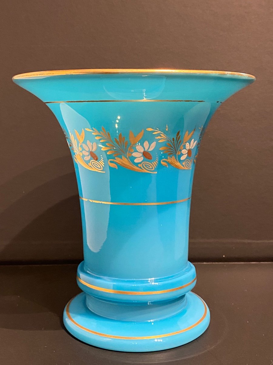 Paire De Vases De Forme Cornet En Opaline De Cristal Bleu Décor Or XIXeme époque Charles X.-photo-3