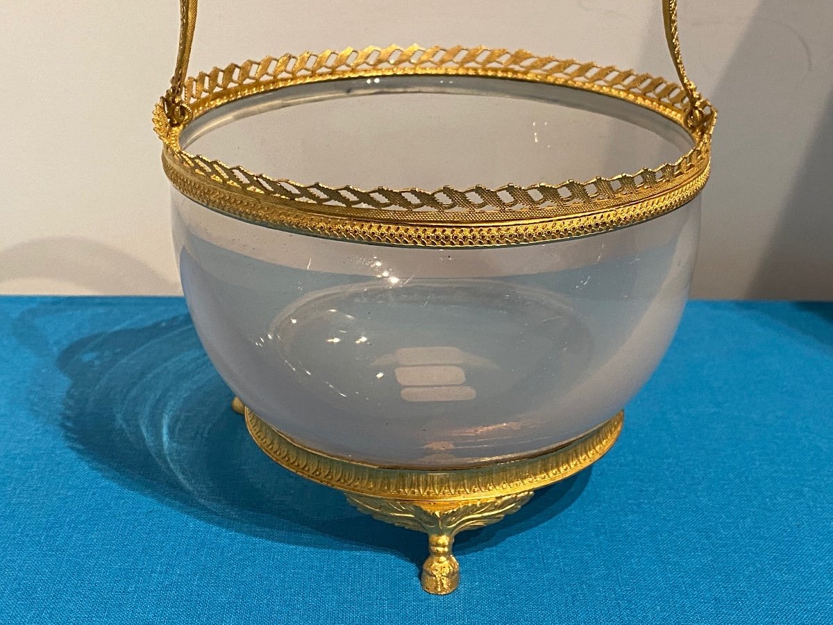 Coupe En Forme De Panier En Opaline Savonneuse Montée Bronze Ciselé Doré XIXeme Charles X.-photo-3