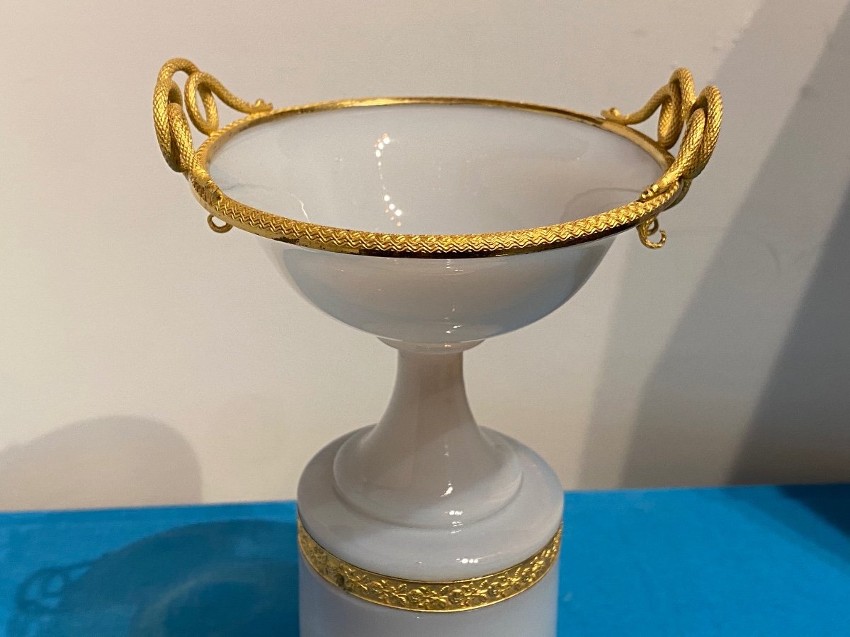Rare Petite coupe En Opaline Savonneuse Montée Bronze Double Serpents XIXeme époque Charles X.-photo-8