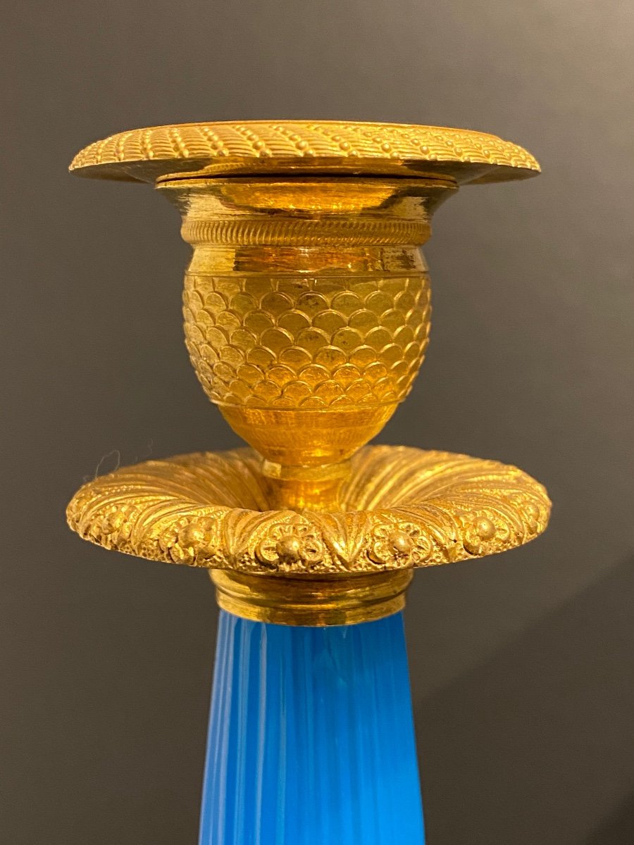 Rare Pair Of Candlesticks In Blue Opaline And Chiseled Gilt Bronze XIXth Charles X Period.-photo-5