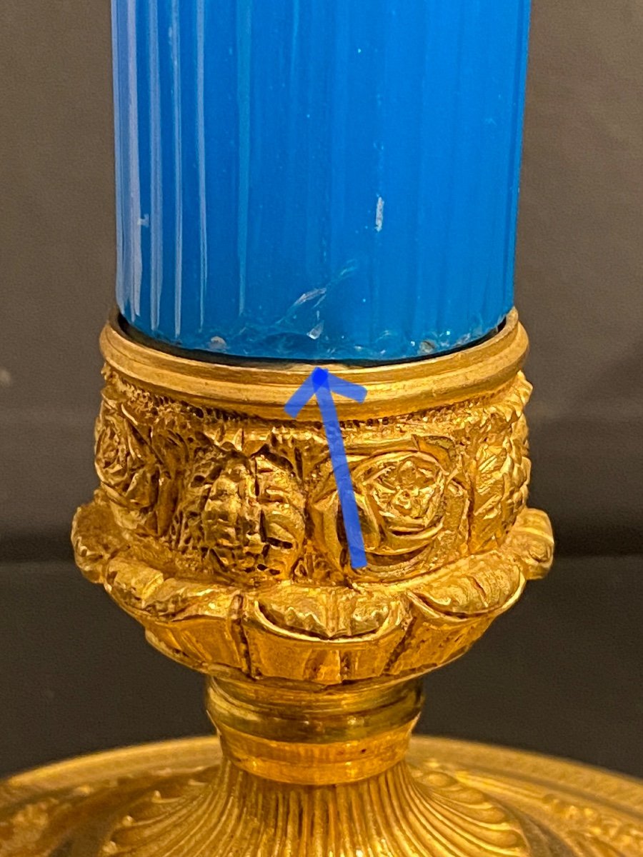 Rare Paire De Bougeoirs En Opaline Bleu Et Bronze Ciselé Doré XIXeme époque Charles X.-photo-6