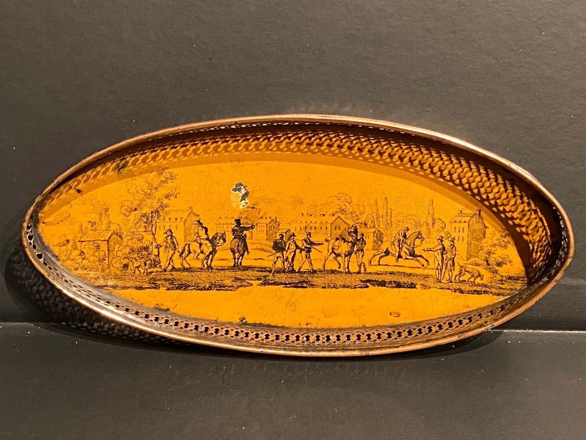 Mouchette Tray In Painted Sheet Decor Return From The Hunt XIXth Charles X Period.