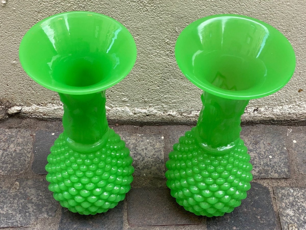 Pair Of Pineapple Model Vases In Green Opaline Manufacture De Baccarat Mid XIXth Napoleon Ii-photo-4