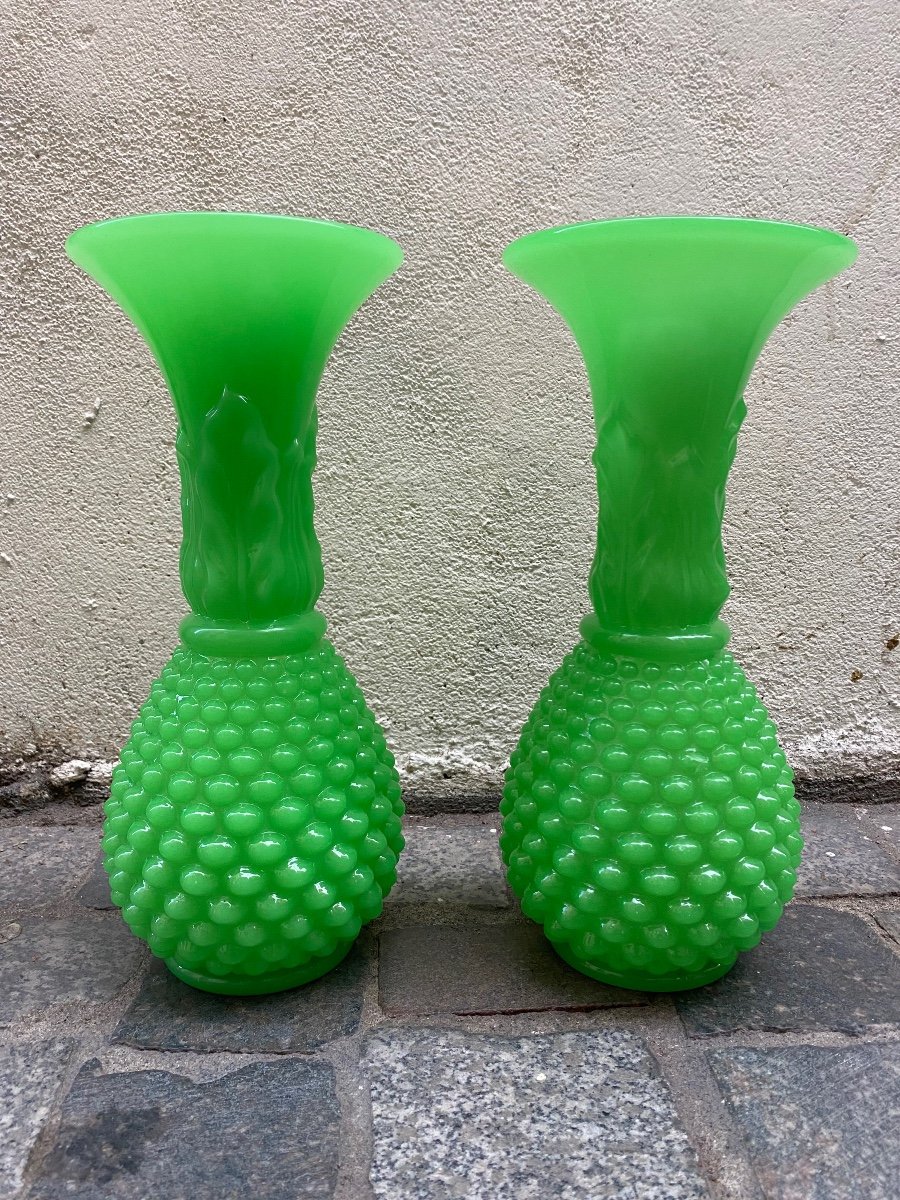 Pair Of Pineapple Model Vases In Green Opaline Manufacture De Baccarat Mid XIXth Napoleon Ii-photo-1