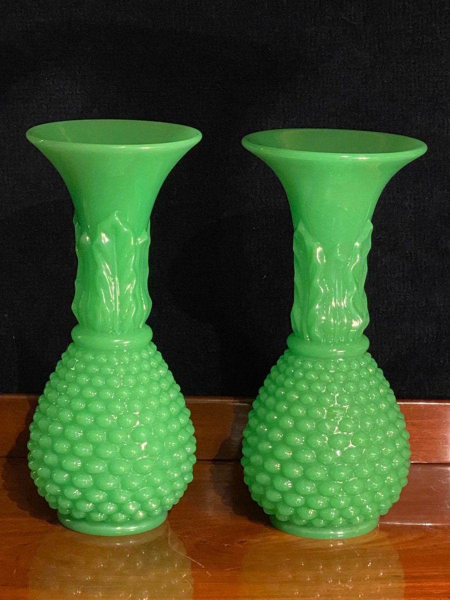 Pair Of Pineapple Model Vases In Green Opaline Manufacture De Baccarat Mid XIXth Napoleon Ii-photo-3