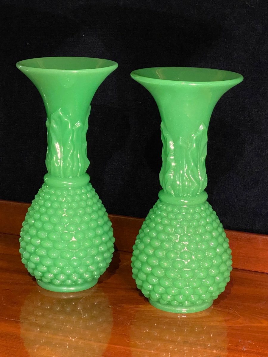 Pair Of Pineapple Model Vases In Green Opaline Manufacture De Baccarat Mid XIXth Napoleon Ii-photo-4