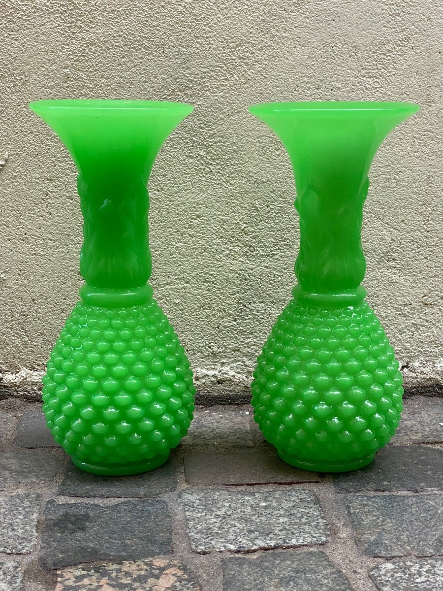 Pair Of Pineapple Model Vases In Green Opaline Manufacture De Baccarat Mid XIXth Napoleon Ii